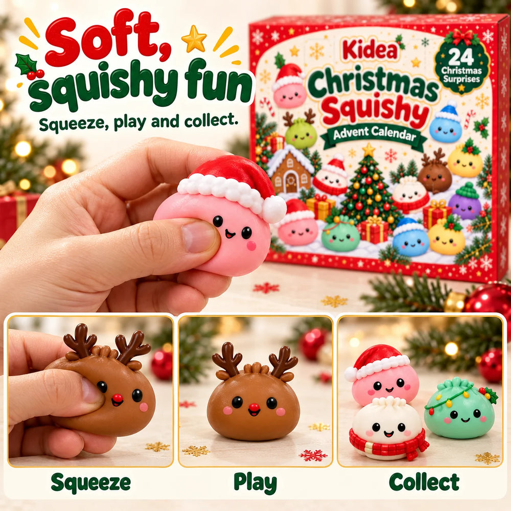 Et barn klemmer på en blød squishy med nissehue ved siden af Kideas julekalender